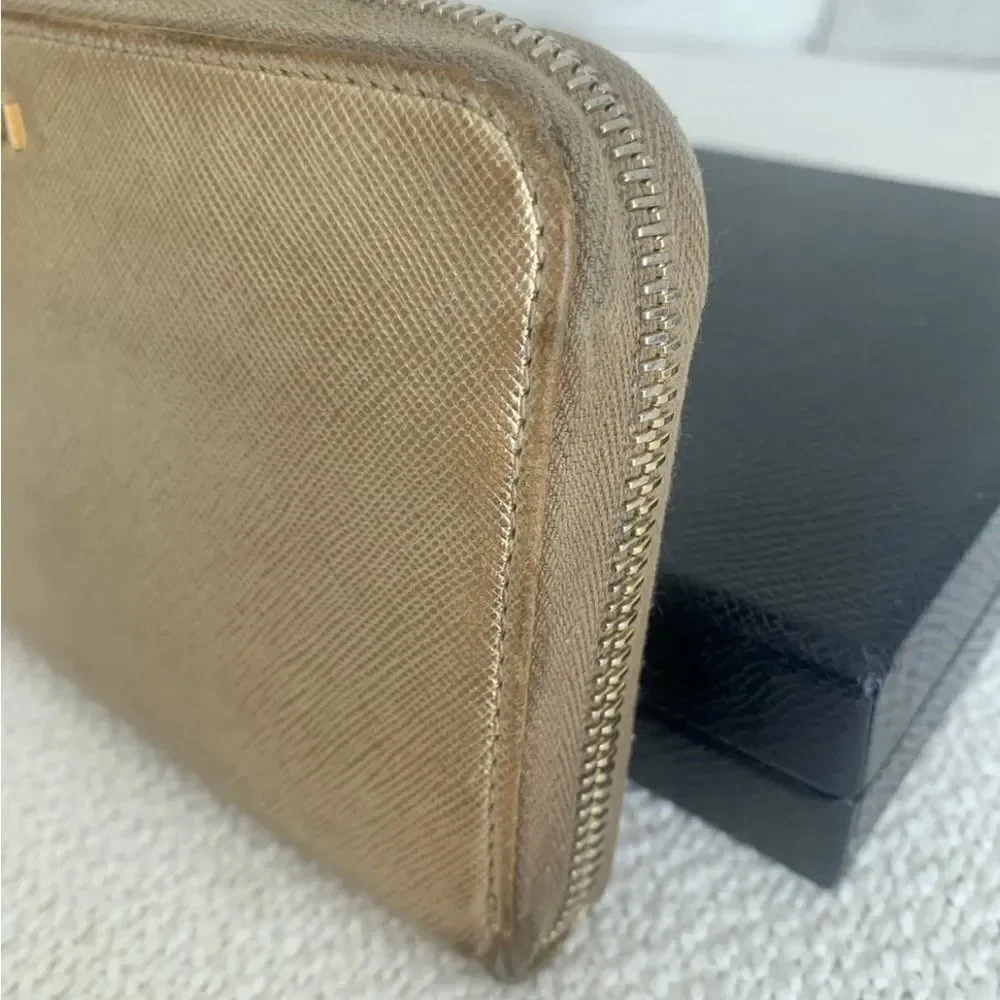 PRADA: RARE Gold SAFFIANO Leather & Gold Logo Long Zip-Around Wallet